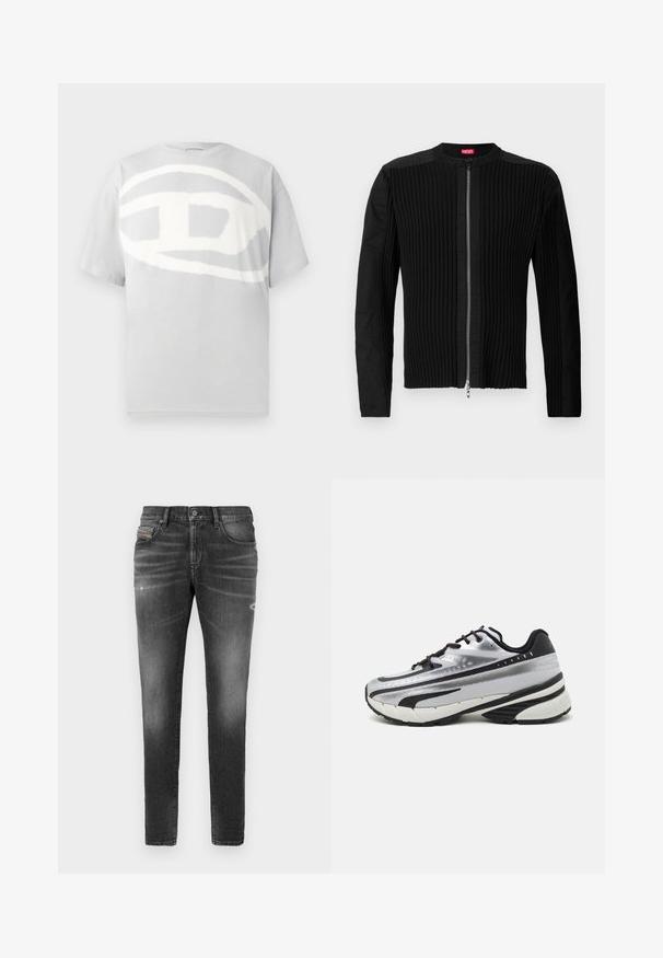 Melnā jaka ar rāvējslēdzēju priekšpusē, kas izceļ vertikālo ribotu tekstūru un apaļu kakla izgriezumu. Mīksts audums, ar garām piedurknēm un pieguļošu siluetu.; Pelēks kokvilnas T-krekls ar lielu, abstraktu baltu logotipa dizainu priekšpusē. Īsas piedurknes un apaļa kakla izgriezums. Gluda tekstūra.; Pelēki džinsi ar šauru piegriezumu, ar nelielu nodilumu, izsistām detaļām un tradicionālu pogu aizdari.; Skriešanas apavi ar sudraba acs augšdaļu, melniem akcentiem un baltu zolīti. Iezīmējas ar teksturētu dizainu un melnām auklām. Vieglie un mīkstie.