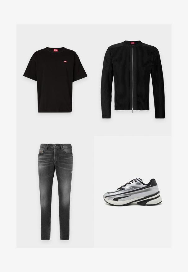 Černá bunda na zip vpředu s vertikálním žebrováním a kulatým výstřihem. Měkká látka s dlouhými rukávy a přiléhavým střihem.; Černé bavlněné tričko s kulatým výstřihem, krátkými rukávy a malým červeným logem Diesel na hrudi. Rovný lem, minimalistický design.; Šedé denimové džíny s úzkým střihem, představující mírné rozedření, opotřebované detaily a tradiční zapínání na knoflík.; Běžecká obuv s vrchní částí z stříbrné síťoviny, černými akcenty a bílou podrážkou. Disponuje texturovaným vzorem a černými tkaničkami. Lehká a odpružená.