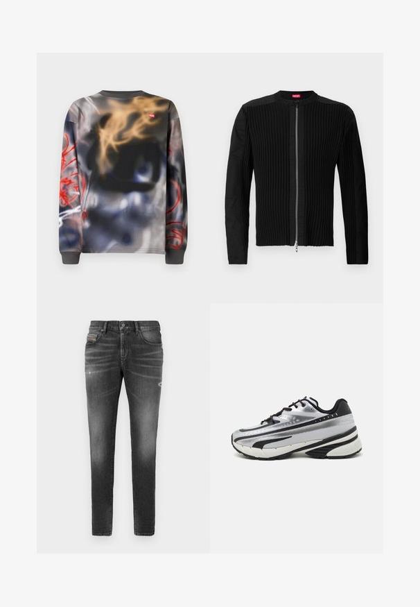 Fekete cipzáros dzseki, függőleges bordázott textúrával és kerek nyakkivágással. Puha anyag, hosszú ujjakkal és testhez álló fazonnal.; Hosszú ujjú, kerek nyakú pulóver absztrakt graffitistílusú mintával, fekete, bézs, kék és piros tónusokban, kisméretű piros Diesel logóval.; Szürke farmernadrág, slim fit szabású, enyhe kopásokkal, megviselt részletekkel és hagyományos gombos záródással.; Futócipő ezüst hálós felsőrésszel, fekete részletekkel és fehér talppal. Texturált mintázattal és fekete fűzővel rendelkezik. Könnyű és párnázott.