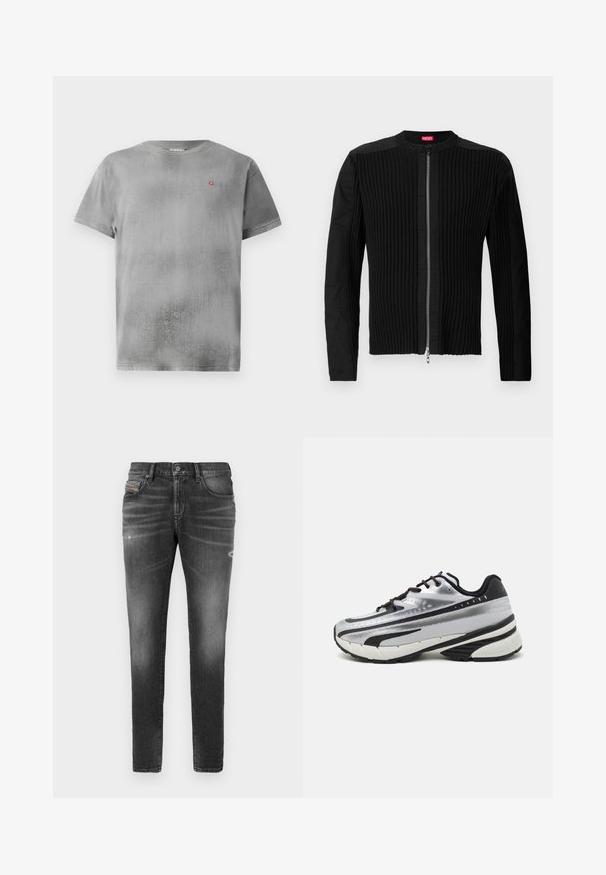 Juodas zip-front švarkas su vertikaliai ryškiu tekstūru ir apvalia apykakle. Minkšta medžiaga, ilgos rankovės ir prigludusi siluetas.; Pilkas trumpomis rankovėmis marškinėliai su tekstūruotu paviršiumi. Yra mažas raudonas logotipas kairėje krūtinės pusėje. Paprastas apvalus iškirpimas ir tiesus apatinis kraštas.; Pilki džinsai su siauru kirpimu, turintys šiek tiek išblukimo, nusidėvėjimo detalių ir tradicinį mygtuką. ; Bėgimo bateliai su sidabriniu tinkliniu viršumi, juodais akcentais ir balta padu. Pasižymi tekstūruotu dizainu ir juodais raišteliais. Lengvi ir paminkštinti.