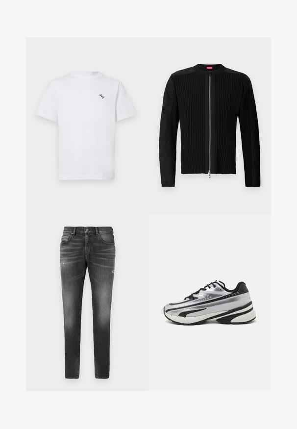 Melnā jaka ar rāvējslēdzēju priekšpusē, kas izceļ vertikālo ribotu tekstūru un apaļu kakla izgriezumu. Mīksts audums, ar garām piedurknēm un pieguļošu siluetu.; Balta kokvilnas T-krekls ar apaļu kakla izgriezumu un īsām piedurknēm. Uz kreisā krūtīm ir neliels melns izšūts logo.; Pelēki džinsi ar šauru piegriezumu, ar nelielu nodilumu, izsistām detaļām un tradicionālu pogu aizdari.; Skriešanas apavi ar sudraba acs augšdaļu, melniem akcentiem un baltu zolīti. Iezīmējas ar teksturētu dizainu un melnām auklām. Vieglie un mīkstie.