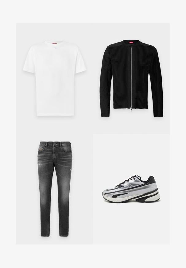 Svart zip-front jakke med vertikal ribbet tekstur og rund halslinning. Myk stoff med lange ermer og en tettsittende silhuett.; Hvit bomulls t-skjorte med korte ermer, rund halslinning og en liten logo detalj midt på brystet. Glatt tekstur.; Grå denimjeans med slim fit, med lette slitte detaljer, distressed detaljer og tradisjonell knappeåpning.; Løpesko med sølvfarget mesh-overdel, svarte detaljer og hvit såle. Har strukturert design og svarte snørebånd. Lettvektig og godt dempet.