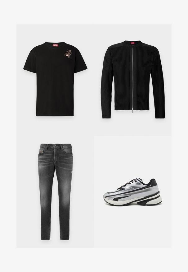 Svart zip-front jakke med vertikal ribbet tekstur og rund halslinning. Myk stoff med lange ermer og en tettsittende silhuett.; Svart bomull T-skjorte med korte ermer, med et dekorativt edderkoppedesign på venstre bryst og et rødt Diesel-logo merkelapp ved nakken.; Grå denimjeans med slim fit, med lette slitte detaljer, distressed detaljer og tradisjonell knappeåpning.; Løpesko med sølvfarget mesh-overdel, svarte detaljer og hvit såle. Har strukturert design og svarte snørebånd. Lettvektig og godt dempet.