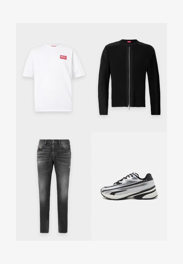 Melnā jaka ar rāvējslēdzēju priekšpusē, kas izceļ vertikālo ribotu tekstūru un apaļu kakla izgriezumu. Mīksts audums, ar garām piedurknēm un pieguļošu siluetu.; Balts kokvilnas T-krekls ar īsām piedurknēm, ar sarkanu taisnstūra etiķeti ar tekstu "DIESEL" kreisajā krūšu daļā.; Pelēki džinsi ar šauru piegriezumu, ar nelielu nodilumu, izsistām detaļām un tradicionālu pogu aizdari.; Skriešanas apavi ar sudraba acs augšdaļu, melniem akcentiem un baltu zolīti. Iezīmējas ar teksturētu dizainu un melnām auklām. Vieglie un mīkstie.