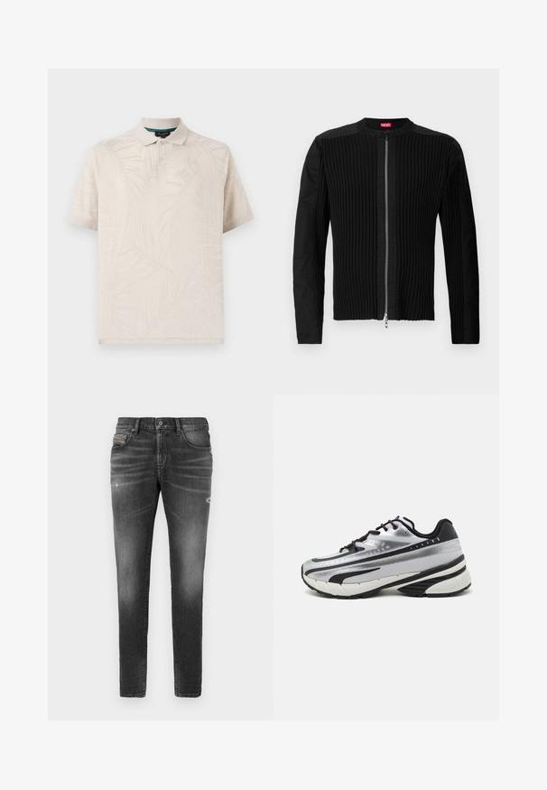 Mustan vetoketjullinen takki, jossa on pystysuunnassa poimuttunut pinta ja pyöreä kaulus. Pehmeä kangas, pitkät hihat ja vartalonmyötäinen leikkaus.; Beige-painikuväline, mis on valmistatud tekstuurse kangast ja millel on õrn palmilehe muster. Tükk on klassikalise kaelusega ja kaeluses on kaks nuppu.; Harmaat farkut slim-fit -leikkauksella, joissa on hieman kulutettuja yksityiskohtia, repeytyneitä kohtia ja perinteinen napitus.; Juoksukengät, joissa on hopeanvärinen verkkopäällinen, mustat yksityiskohdat ja valkoinen pohja. Varustettu tekstuurilla ja mustilla nauhoilla. Kevyet ja pehmustetut.