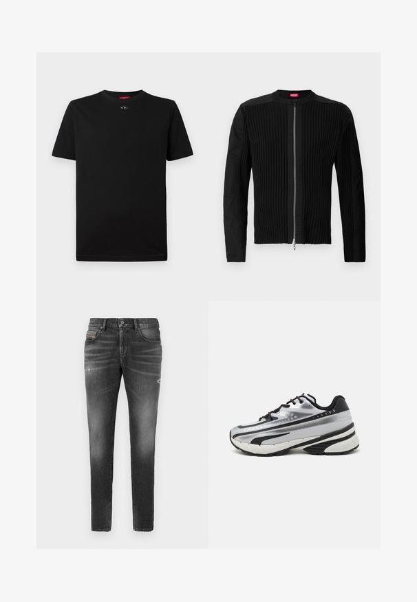 Mustam vest, mis on varustatud vertikaalse soonikkoega ja ümarate kaeluslõigetega. Pehme kangas, pikkade varrukatega ja keha lähedane siluett.; Must mustärk jakk, mis on valmistatud puuvillast, lühikeste varrukatega, ümmarguse kaelusega ning väikese dekoratiivse detailiga kaelas. Sile tekstuur, ilma mustrita.; Hallid teksapüksid slim-fit kärbega, millel on kerged kulumised, hõrenenud detailid ja traditsiooniline nööpkinnitus.; Jooksujalats, millel on hõbedane võrgust pealmine osa, mustad aktsendid ja valge tallaga. Omab tekstuurilist disaini ja musti paelu. Kerge ja pehmendusega.