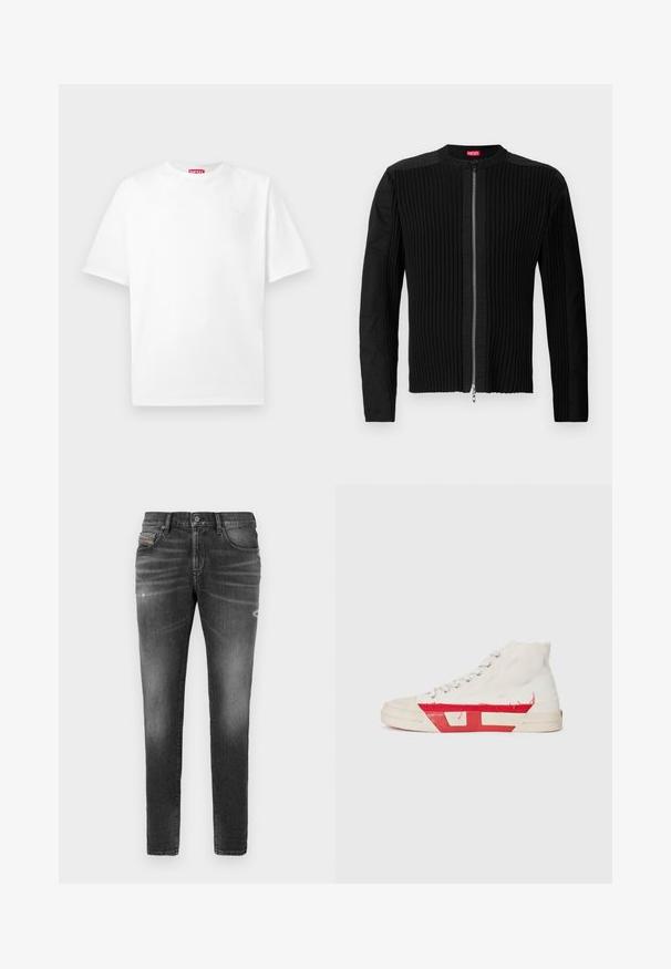 Black zip-front jacket featuring vertical ribbed texture and a round neckline. Soft fabric with long sleeves and a fitted silhouette.; White cotton t-shirt with a round neck and short sleeves. Features a subtle logo on the front and a red tag on the neckline.; Gray denim jeans with a slim fit, featuring slight whiskering, distressed details, and a traditional button closure.; High-top sneakers featuring a white canvas upper, red rubber accents, and a frayed hem detail, with silver eyelets and a textured sole.