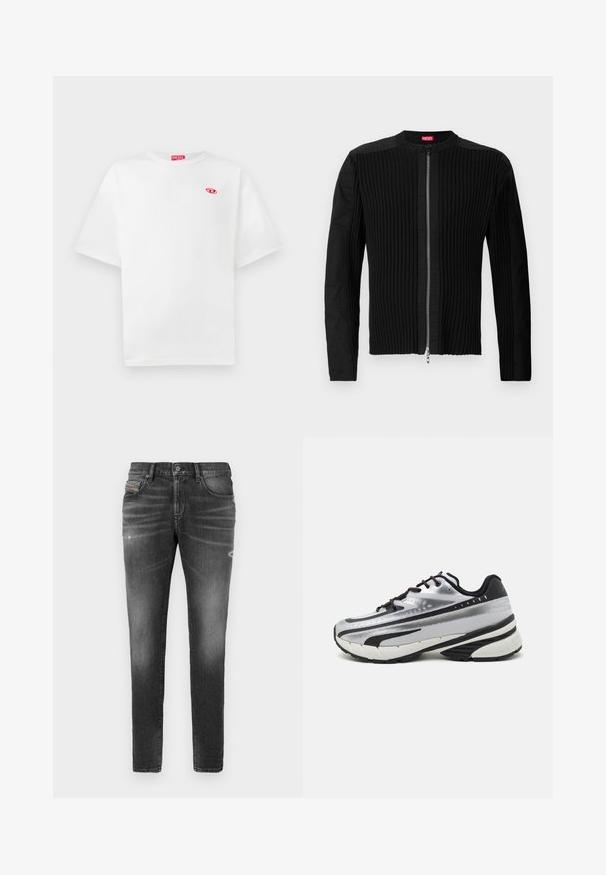 Fekete cipzáros dzseki, függőleges bordázott textúrával és kerek nyakkivágással. Puha anyag, hosszú ujjakkal és testhez álló fazonnal.; Fehér pamut póló rövid ujjakkal, kerek nyakkal és piros "DIESEL" logó címkével. A bal mellen egy kis piros embléma található.; Szürke farmernadrág, slim fit szabású, enyhe kopásokkal, megviselt részletekkel és hagyományos gombos záródással.; Futócipő ezüst hálós felsőrésszel, fekete részletekkel és fehér talppal. Texturált mintázattal és fekete fűzővel rendelkezik. Könnyű és párnázott.