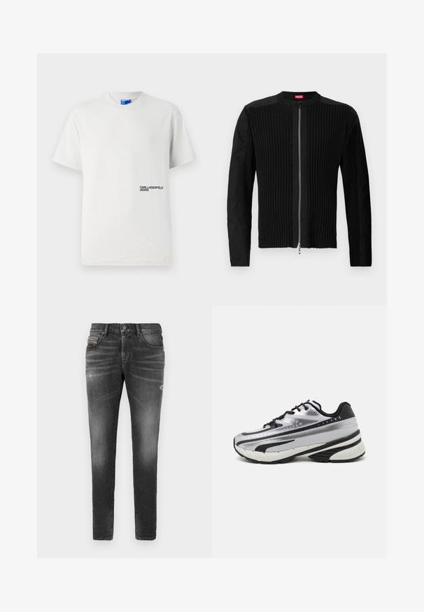 Mustan vetoketjullinen takki, jossa on pystysuunnassa poimuttunut pinta ja pyöreä kaulus. Pehmeä kangas, pitkät hihat ja vartalonmyötäinen leikkaus.; Valkoinen puuvillapaita, jossa on pyöreä kaula-aukko ja lyhyet hihat. Vasemmalla puolella on musta painettu logo "KARL LAGERFELD JEANS".; Harmaat farkut slim-fit -leikkauksella, joissa on hieman kulutettuja yksityiskohtia, repeytyneitä kohtia ja perinteinen napitus.; Juoksukengät, joissa on hopeanvärinen verkkopäällinen, mustat yksityiskohdat ja valkoinen pohja. Varustettu tekstuurilla ja mustilla nauhoilla. Kevyet ja pehmustetut.