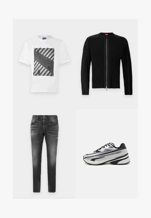 Black zip-front jacket featuring vertical ribbed texture and a round neckline. Soft fabric with long sleeves and a fitted silhouette.; White T-shirt with black and white photo print of three people crossing a striped crosswalk, with "HUGO" text above the image.; Gray denim jeans with a slim fit, featuring slight whiskering, distressed details, and a traditional button closure.; Running shoe with a silver mesh upper, black accents, and white sole. Features textured design and black laces. Lightweight and cushioned.