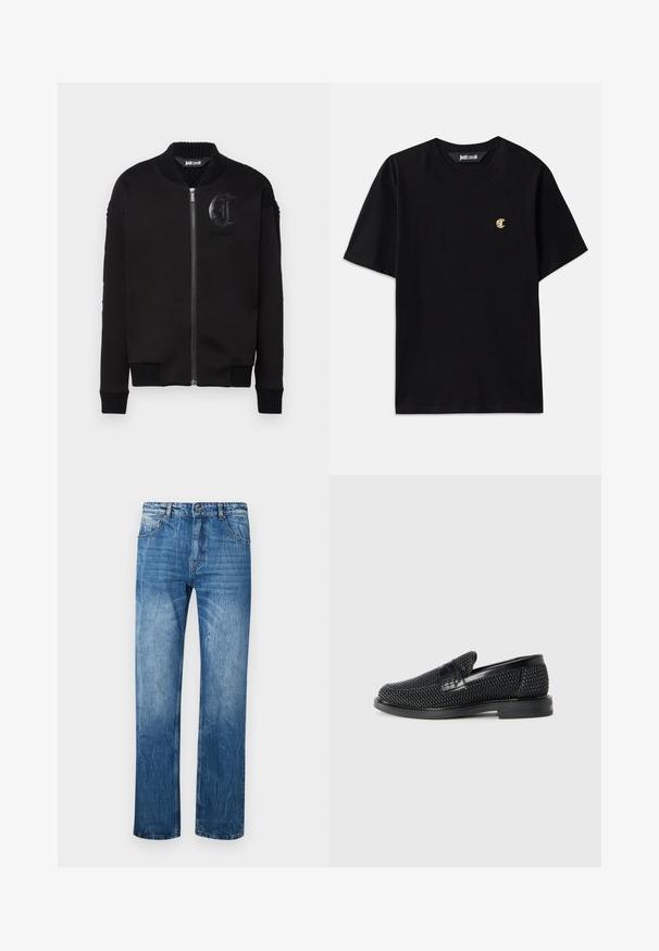 Just Cavalli FLEECE KNIT - Giubbotto Bomber - black; T-shirt in cotone nero con maniche corte, scollo rotondo e un piccolo logo dorato "C" sul petto. Design semplice, texture liscia, vestibilità regolare.; Jeans in denim blu con taglio dritto, dotati di cinque tasche, passanti per cintura e una leggera scoloritura su tutta la stoffa.; Scarpa nera a mocassino intrecciata con un accentuato in pelle liscia sulla parte superiore, design a punta rotonda e suola in gomma a profilo basso.