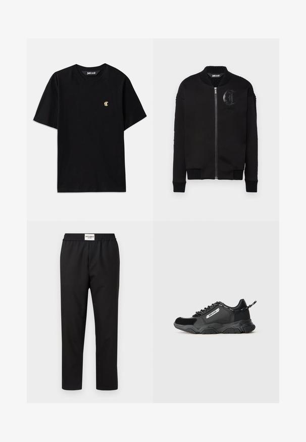 Just Cavalli FLEECE KNIT - Giubbotto Bomber - black; T-shirt in cotone nero con maniche corte, scollo rotondo e un piccolo logo dorato "C" sul petto. Design semplice, texture liscia, vestibilità regolare.; Pantaloni neri con cintura elastica. Realizzati in un tessuto leggero e liscio. Presentano un design a gamba dritta e dettagli minimi.; Sneaker sportivo nero con suola spessa, materiali misti, pannello laterale con marchio, chiusura con lacci e linguetta con marchio sul tallone.