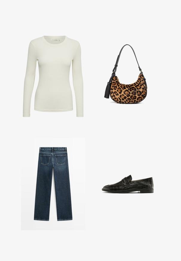 Schwarze V-Ausschnitt-Strickjacke aus weichem Strickstoff. Verfügt über lange Ärmel und eine Knopfleiste mit sechs Knöpfen zum Schließen.; Langärmliges, geripptes Oberteil in Off-White, mit Rundhalsausschnitt und figurbetontem Design. Hergestellt aus einem weichen, glatten Material mit einer dezenten Textur.; Dunkelblaue Jeans im geraden Schnitt, mit zwei Gesäßtaschen und sichtbaren Nähten entlang der Nähte und Säume.; Schwarze Loafers mit Krokodilleder-Textur, ausgestattet mit einem auffälligen Riemen über dem Spann, vor einem weißen Hintergrund präsentiert.; Tasche mit Leopardenmuster und einem schwarzen Ledertrageriemen sowie einer Quaste. Texturiertes, fellähnliches Material. Geschwungene Form mit goldenen Hardware-Akzenten.; Silberfarbene Creolen mit einer Reihe klarer Steine und einem runden Kristallanhänger, der von jeder hängt. Poliertes Metall, elegantes Design.