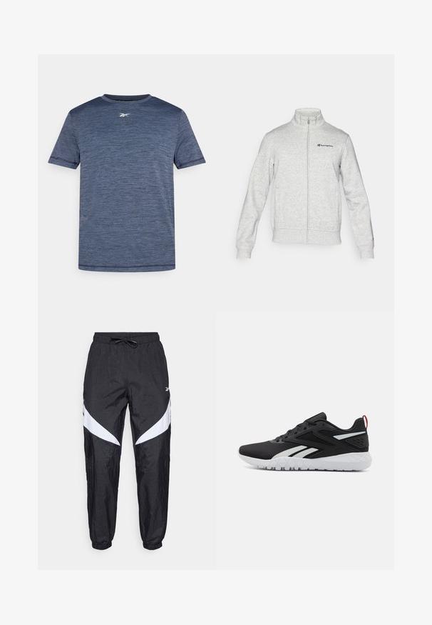 Champion ICONS szary; Koszulka krótki rękaw w ciemnoniebieskim kolorze z teksturowanym, melanżowym wzorem. Posiada okrągły dekolt i małe logo na piersi.; Czarne sportowe spodnie wykonane z fakturowanej tkaniny z elastycznym pasem ze sznurkiem, z białymi ukośnymi akcentami po bokach i elastycznymi mankietami.; Czarne buty sportowe z siateczkową cholewą, białymi akcentami, teksturowaną podeszwą oraz czerwonym tabem na pięcie dla dodatkowego akcentu.