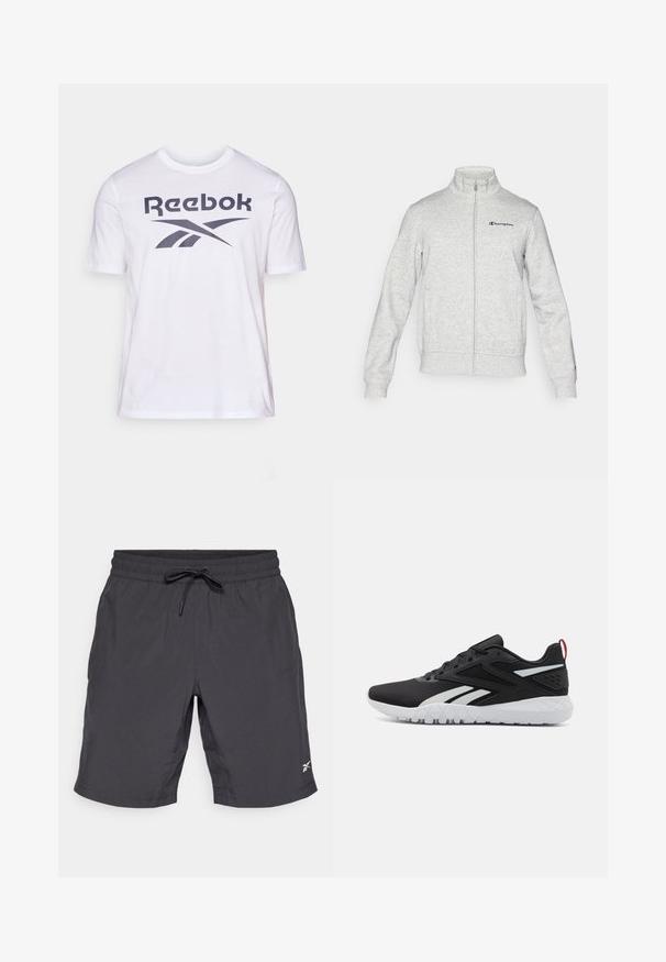 Champion ICONS CONTRAST FULL ZIP - Jaka ar rāvējslēdzēju - grey; Balta Reebok T-krekls ar lielu tumši pelēku logo un grafisko dizainu uz krūtīm. Izgatavots no mīksta kokvilnas materiāla, ar īsām piedurknēm.; Melnas sporta šortus ar elastīgu jostasvīru un auklu. Gluda auduma, līdz ceļiem, ar mazu baltu logotipu apakšējā labajā pusē.; Melnas sporta apavas ar aizsargājošu sietu augšējo daļu, baltām akcentiem, strukturētu zoli un sarkanu papēža cilpu papildu detaļām.