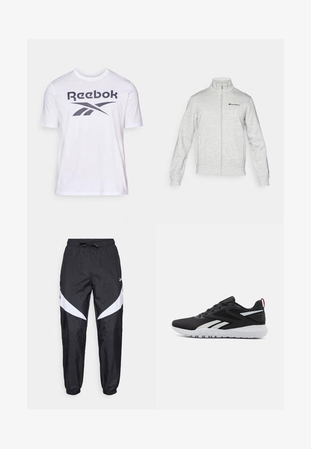Champion ICONS CONTRAST FULL ZIP - Sweater met rits - grey; Witte Reebok t-shirt met een groot donkergrijs logo en grafisch ontwerp op de borst. Gemaakt van zacht katoen, met korte mouwen.; Zwarte sportbroek gemaakt van gestructureerde stof met een trekkoord in de taille, voorzien van witte diagonale accenten aan de zijkanten en elastische boorden.; Zwarte sportieve schoenen met een bovenkant van mesh, witte accenten, een gestructureerde zool en een rode hieltab voor extra detail.
