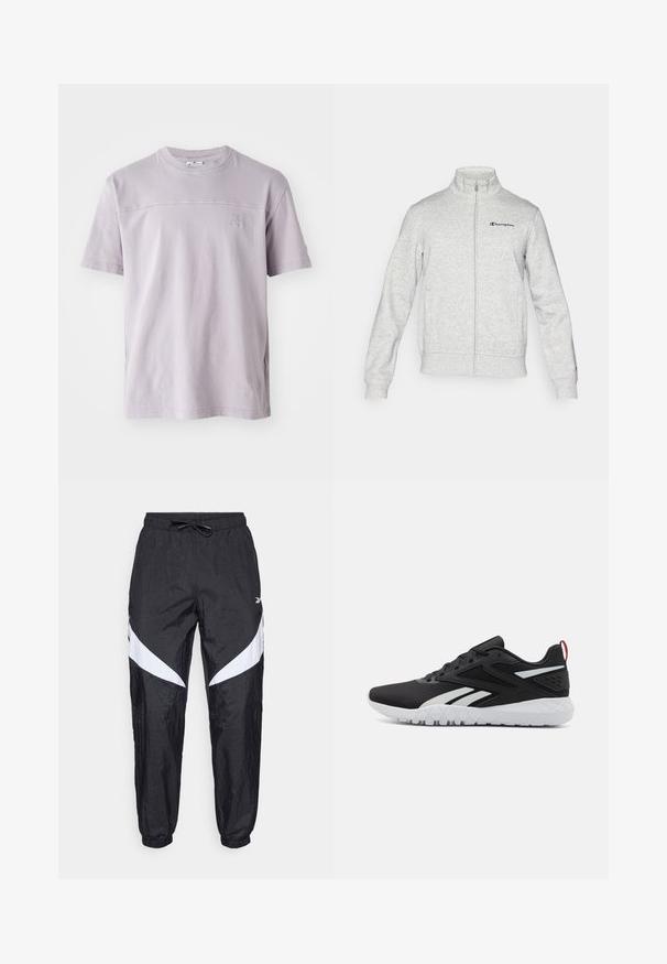 Champion ICONS CONTRAST FULL ZIP - Majica s kapuljačom i patentnim zatvaračem - grey; Majica kratkih rukava od lavande od pamuka s okruglim izrezom i suptilnim logotipom na prsima. Glatka tekstura, opušteni kroj.; Crne sportske hlače izrađene od teksturiranog materijala s pojasom na vezanje, s bijelim dijagonalnim akcentima sa strane i elastinim manžetama.; Crne atletske cipele s mrežastim gornjim dijelom, bijelim akcentima, teksturiranim potplatom i crvenim detaljem na peti za dodatnu istaknutost.