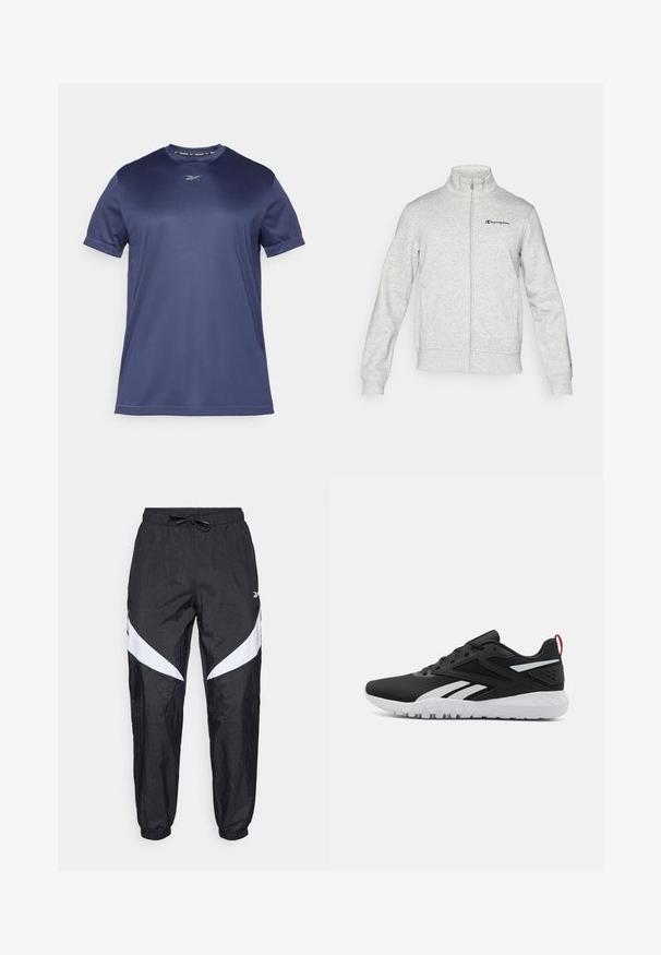 Champion ICONS CONTRAST FULL ZIP - Camisola com fecho - grey; T-Shirt atlético de manga curta em azul marinho, feito de um tecido liso e elástico. Apresenta um decote redondo e um logo discreto no peito.; Calças de corrida pretas feitas de tecido texturizado, com cintura elástica ajustável, apresentando detalhes diagonais brancos nas laterais e punhos elásticos.; Roupas de atletismo pretas com um acabamento em rede, detalhes em branco, sola texturizada e uma aba no calcanhar vermelha para um toque adicional.