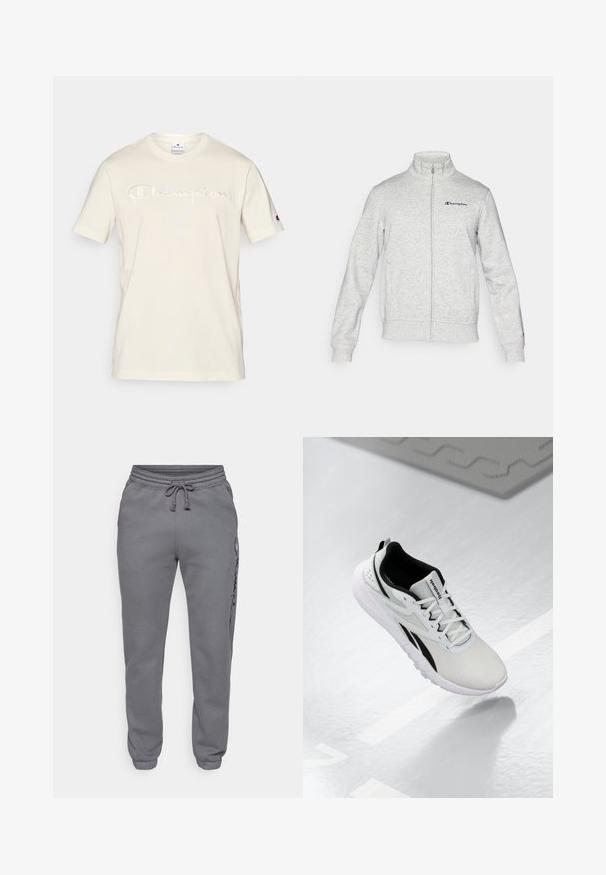 Champion ICONS CONTRAST FULL ZIP - Cipzáras pulóver - grey; Krém színű pamut póló rövid ujjakkal, amelyen a "Champion" logó hímzett, valamivel sötétebb árnyalatban, a mellkas fölött.; Champion ICONS ELASTIC-CUFF SLIM FIT - Tréningruha alsók - foggy; Világosszürke sportcipő fekete részletekkel, texturált hálós felsőrésszel, párnázott talppal és fűzős záródással. Sarka hátul húzófüllel rendelkezik.