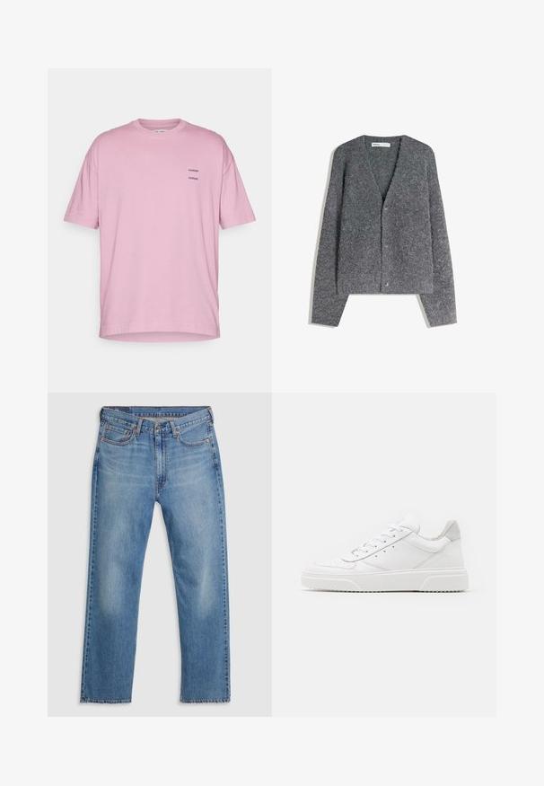 Gray wool cardigan with a V-neck, long sleeves, button closure, and a soft, textured finish. No patterns or accents visible.; Pink cotton t-shirt with a relaxed fit, short sleeves, crew neckline, and two small black printed logos on the left chest.; Blue straight-leg denim jeans with front button and zipper closure, belt loops, and five-pocket design on a white background.; White leather sneakers with a smooth finish, rounded toe, flat laces, and a textured sole. Grey suede accent at the heel.