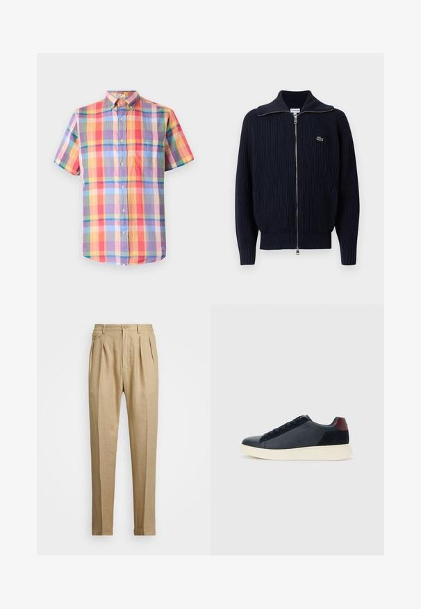 Cardigan de malha canelada azul-marinho com gola alta, fecho de correr completo, dois bolsos laterais e um pequeno logótipo bordado no lado esquerdo.; Camisa de manga curta em padrão quadrado multicolorido, apresentando botões, colarinho abotoado e um único bolso no peito. Feita de um tecido leve.; Calças de linho bege com corte reto, apresentando dois plissados frontais, fecho com botão e bolsos laterais. Tecido texturizado com um acabamento suave.; Sapatilha baixa masculina em couro preto e camurça com aba de calcanhar em amarelo-escuro e sola de borracha branca, vista do lado exterior.