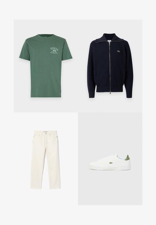 Námornícky modrý rebrovaný pletený kardigán s vysokým golierom, celým zipsom, dvoma bočnými vreckami a malým vyšitým logom na ľavej strane.; Zelené bavlnené tričko s krátkymi rukávmi, okrúhlym výstrihom a malým bielym logom na ľavej strane hrude. Hladká textúra, uvoľnený strih.; Džínsy v smotanej farbe so strihom rovného nohu, obsahujúce dve predné vrecká, zapínanie na gombík a decentné logo blízko pásu.; Biele tenisky s hladkým povrchom, s zeleným akcentom na päte a malým vyšitým logom krokodíla na boku.