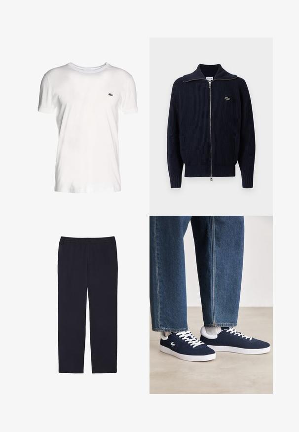 Navy ribbed knit cardigan with a high collar, full zip, two side pockets, and a small embroidered logo on the left side.; White short-sleeved t-shirt made of cotton, featuring a crew neckline and a small green embroidered logo on the left side.; Lacoste Trousers - bleu marine hde; Blue canvas sneakers with white laces and rubber soles, displayed with denim trousers and grey ribbed socks, on a light grey surface.