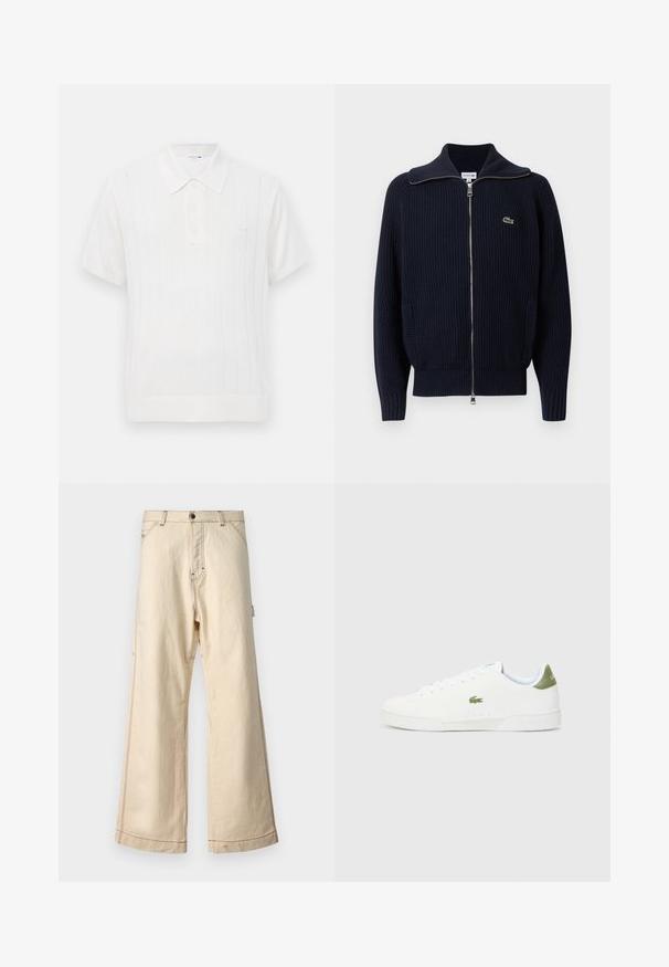 Marinblå ribbad stickad kofta med hög krage, hel dragkedja, två sidfickor och en liten broderad logotyp på vänster sida.; Vit stickad polo med korta ärmar, som har en subtil ribbad textur, tre knappar vid kragen och en liten logotyp på bröstet.; Beiga vida byxor i bomull med dragkedja och knappstängning, med kontrasterande sömmar och sidofickor.; Vita sneakers med en slät textur, med en grön detalj vid hälen och en liten broderad krokodil-logga på sidan.