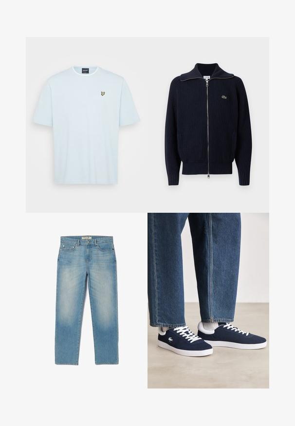 Marineblauwe geribbelde gebreide cardigan met een hoge kraag, een volledige rits, twee zijzakken en een klein geborduurd logo aan de linkerkant.; Lichtblauwe katoenen t-shirt met een ronde halslijn en korte mouwen. Heeft een klein geel vlinderlogo op de linkerborst.; Lichtblauwe denim jeans met een recht gesneden ontwerp, vijf zakken en een licht vervaagde wassing. Voorzien van zilverkleurige hardware en een merklabel op de tailleband.; Blauwe canvas sneakers met witte veters en rubberen zolen, weergegeven met denim broek en grijze geribbelde sokken, op een lichtgrijze ondergrond.