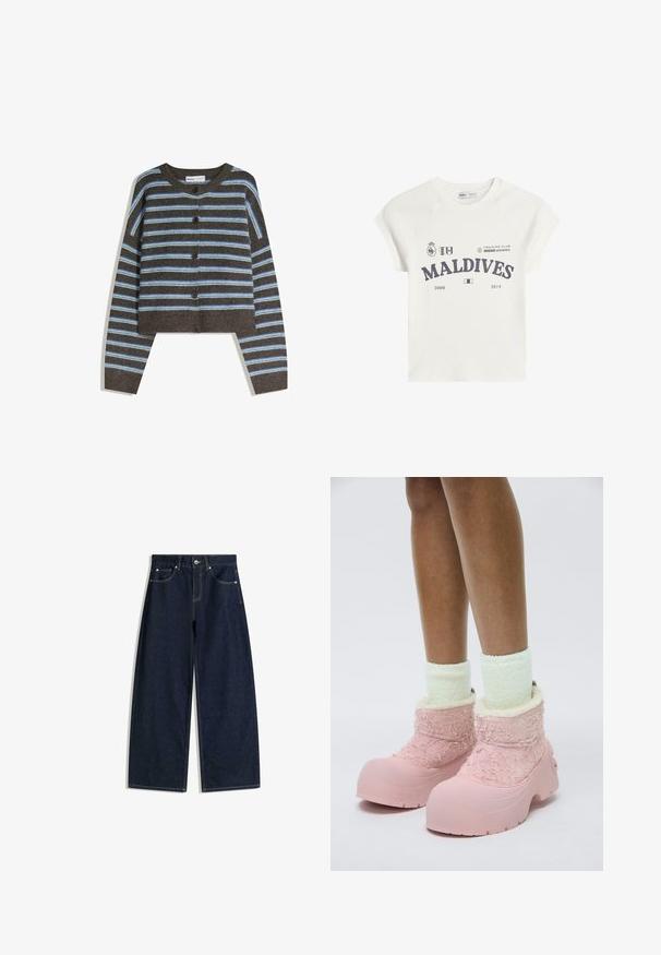 Hnedý krátky kardigán s modrými horizontálnymi pruhmi, vyrobený z mäkkého materiálu, s okrúhlym výstrihom a piatimi gombíkmi na prednej strane.; Biely bavlnený tričko s krátkymi raglánovými rukávmi. Obsahuje grafický potlač "MALDIVES" v tmavosivej farbe, spolu s logami a dátumami 2008 a 2014.; Tmavomodré džínsové nohavice s širokými nohavicami, prednými vreckami, zapínaním na gombík a viditeľným prešívaním na bielom pozadí.; Ružové gumové topánky s textúrovaným plyšovým vrchom, mäkkou podšívkou a robustnou podrážkou. Nosené s bledozelenými nadýchanými ponožkami po členky.