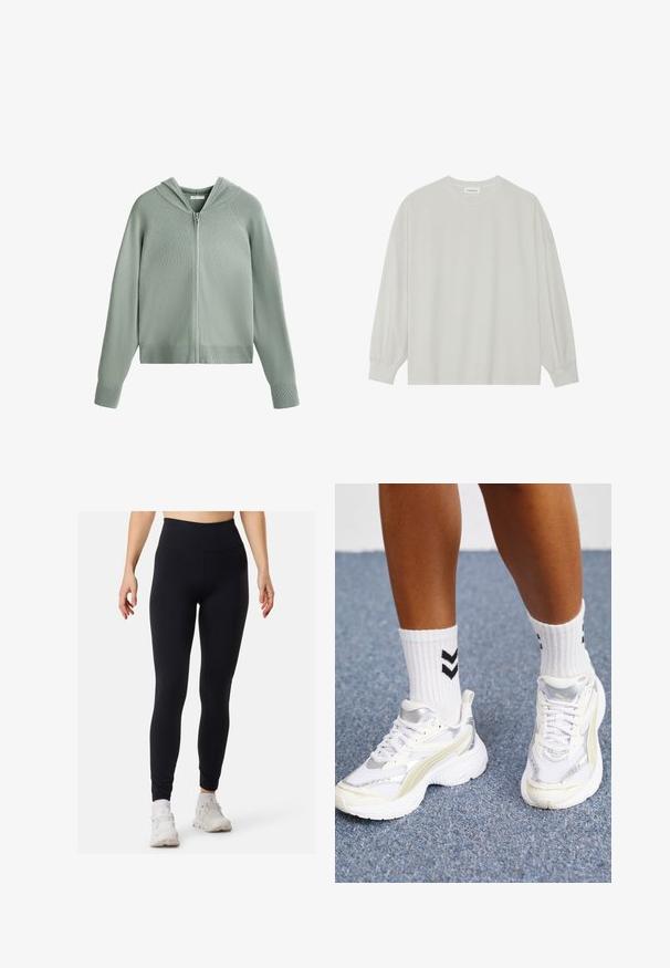 Vihreä mintun värinen vetoketjuhuppari, ribattu pinta, huppupäällinen ja raglanhihoilla, joissa on istuva vyötärö. Varustettu etuvetoketjulla ja ilman näkyviä metalliosia.; Harmaa pitkähihais t-paita, joka on valmistettu pehmeästä puuvillasta. Ominaisuuksiin kuuluvat rento istuvuus, pyöreä kaula-aukko ja hienosti rypytetyt hihansuut. Ei kuvioita tai grafiikkaa.; Mustat legginsit korkealla vyötäröllä, valmistettu sileästä, joustavasta materiaalista. Ominaisuuksiin kuuluu tiukka malli ja litteät saumat, sopii aktiiviseen pukeutumiseen.; Valkoiset tennarit hopeisilla yksityiskohdilla, verkkokangasmateriaalia ja tukeva muotoilu. Yhdistetty valkoisiin sukkiin, joissa on mustat sahalaitakuviot.