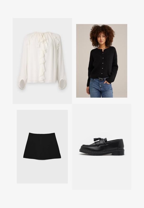 Schwarze, strukturierte Strickjacke mit Rundhalsausschnitt und Knopfverschluss. Über blauen Jeans getragen, mit einem dünnen Gürtel mit einer runden Schnalle.; Weiße Bluse mit langen Ärmeln und einem gerafften Ausschnitt sowie Manschetten. Weicher, leichter Stoff mit Raffung an den Schultern und Ärmeln.; Weißes Kurzarm-T-Shirt aus leichtem Baumwollstoff. Hat einen runden Halsausschnitt und umgeschlagene Ärmel. Rotes Logo-Tag am Kragen.; Schwarzer Minirock mit glatter Textur, A-Linien-Form und geschwungenem Saum. Verfügt über einen Reißverschluss auf der Rückseite zum Verschließen, keine zusätzlichen Muster oder Akzente.; Schwarze Lederloafer mit einer Quastenverzierung, gestickten Details entlang der Kante und einer dicken Gummisohle für Langlebigkeit.