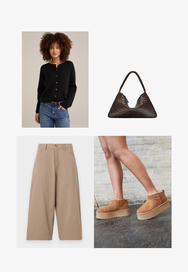 Zwarte, gestructureerde gebreide cardigan met een ronde halslijn en knoopsluiting. Gedragen over blauwe jeans, met een dunne riem met een ronde gesp.; Witte T-shirt met korte mouwen, gemaakt van lichtgewicht katoen. Heeft een ronde hals en opgerolde mouwen. Rode merketiket op de kraag.; Kaki wijde broek van katoen, met een hoge taille, voorzakken en een enkele knoopsluiting. Soepele textuur en rechte snit.; Bruine suède enkelboots met een zachte voering, dikke beige plateauzool en een achterste lus. Getextureerde oppervlakte met zichtbare stiksels.; Donkerbruine driehoekige geweven leren handtas met een enkele gevlochten handgreep en een zichtbare ritssluiting aan één kant.; Set van acht zilveren ringen, met verschillende ontwerpen waaronder glad, textured en een met kleine parels. Kenmerken zijn onder andere krommingen en accenten.