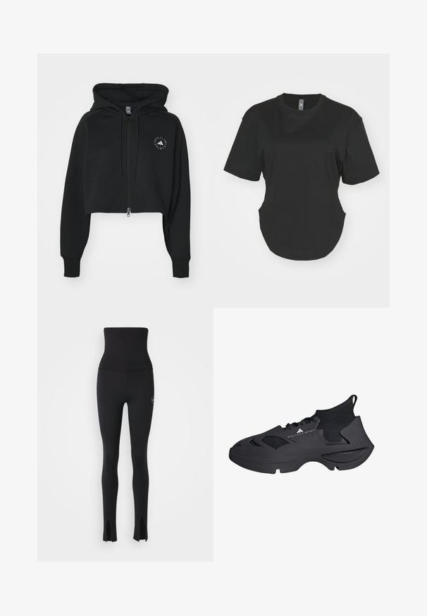 Črni skrajšani hoodie iz mehkega blaga, z sprednjim zadrgo in kapuco na vrvico. Vključuje krožni logo na prsih.; Črna kratkotrajna majica z okroglim izrezom, izdelana iz bombaža. Okrogla ovratnica s ukrivljenim robom in stranskimi razpoki. Gladka tekstura, sproščen kroj.; adidas by Stella McCartney Pajkice - black; adidas by Stella McCartney ADIDAS BY STELLA MCCARTNEY SPORTSWEAR SHOE - Tekaški copati za cesto - core black   cloud white   core black