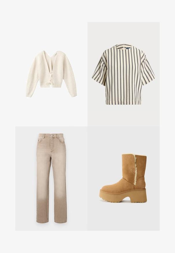 Lyhythihainen kermainen kardigaani, jossa on syvä V-kaula-aukko, ribbikuviointi, pitkät hihat ja solmittava etuosa. Pehmeä neulemateriaali.; Lyhythihainen, raidallinen paita kirkas- ja tummansinisen sävyissä, jossa on pyöreä pääntie ja laatikkomainen muotoilu tekstuuritetussa kankaassa.; Beige farkut, joissa on hieman haalistunut vaikutelma, suora lahje, viisi taskua ja metallinen nappisuljenta vyötäröllä.; UGG NEW HEIGHTS CUFF - Talvisaappaat - chestnut