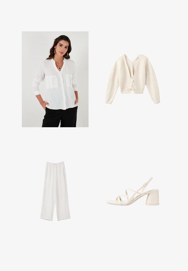 Krótki kremowy kardigan z głębokim dekoltem w kształcie litery V, prążkowaną teksturą, długimi rękawami i wiązaniem z przodu. Miękki dzianinowy materiał.; Biała bluzka z długim rękawem, z kołnierzykiem mandaryńskim, dwoma kieszeniami z przodu i lekką, teksturowaną tkaniną.; Białe spodnie o szerokich nogawkach wykonane z lekkiego materiału. Posiadają elastyczny pas z sznurkiem i boczne kieszenie. Gładka tekstura.; Beżowe sandały na obcasie z cienkimi, krzyżującymi się paskami, otwartym palcem i kwadratowym klockiem. Gładkie wykończenie z lakierowanej skóry, regulowany pasek na kostkę.