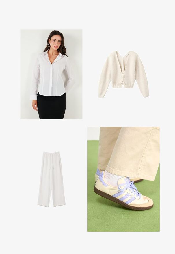 Krátký krémový kardigan s hlubokým V-výstřihem, žebrovanou strukturou, dlouhými rukávy a zavázáním vpředu. Měkký pletený materiál.; Bílé košile s dlouhými rukávy a límečkem, s knoflíkovým zapínáním a vertikálními švy. Pár je s černou sukní pro profesionální vzhled.; Bílé široké kalhoty vyrobené z lehké tkaniny. Mají elastický pas se šňůrkou a boční kapsy. Hladká textura.; Krémové a levandulové tenisky se třemi pruhy a texturovanou hnědou podrážkou, vybavené tkaničkami a polstrovanou patou. Měkký textilní svršek.