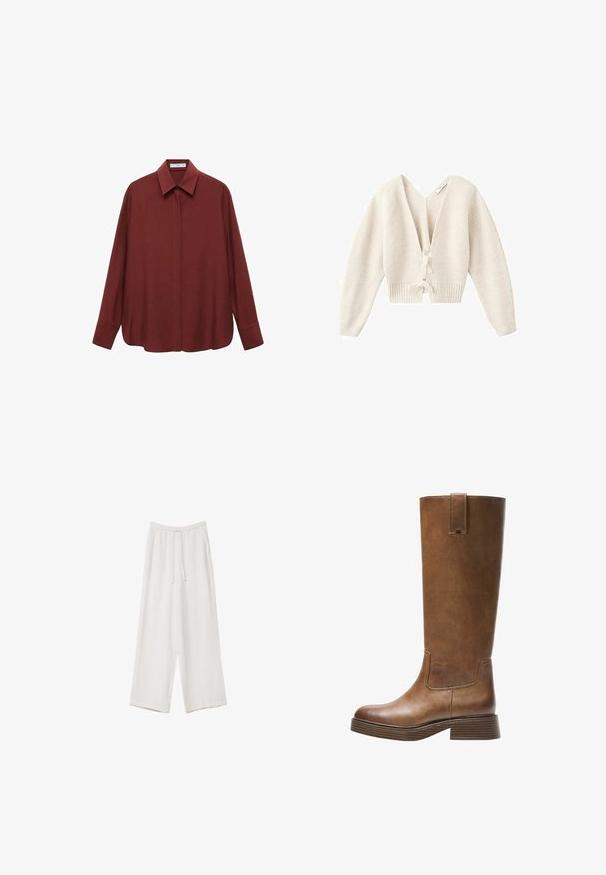 Kratka krema cardigan s globokim V-izrezom, rebrasto teksturo, dolgimi rokavi in zavezovanjem spredaj. Mehka pletenina.; Burgundska srajca z dolgimi rokavi in usnato ovratnikom, sprednjim gumbom in ohlapnim krojem. Narejena iz gladkega materiala z minimalnim dizajnom.; Bele široke hlače iz lahkega materiala. Imajo elastičen pas s vrvico in stranske žepe. Gladka tekstura.; Bralne usnjene škornje do kolen z zaobljenim nosom, teksturirano površino in nizkim platiščem. Imajo stranski panel in zanko za poteg na vrhu.