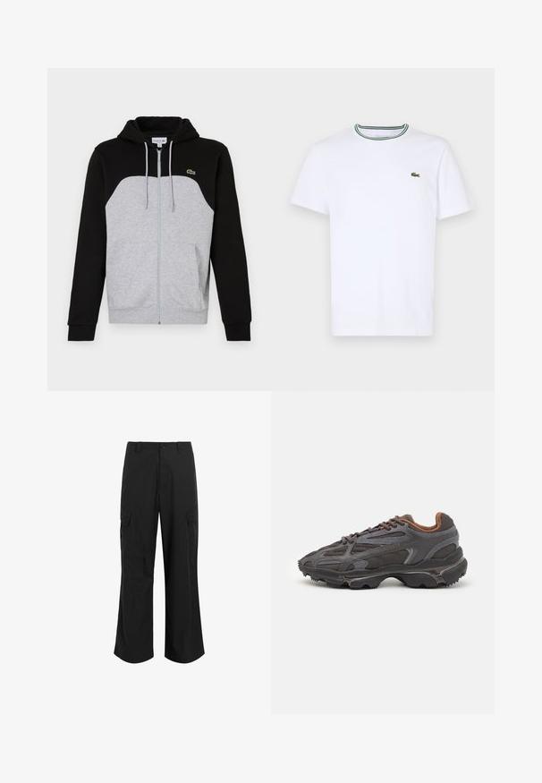 Felpa con cappuccio, metà superiore nera e metà inferiore grigia, con zip frontale e tasche. Logo Lacoste sul lato sinistro del petto.; T-shirt bianco a maniche corte in cotone con colletto a coste, caratterizzato da strisce verdi e nere; piccolo logo ricamato verde sul petto sinistro.; Pantaloni cargo neri realizzati in tessuto leggero, con una vestibilità rilassata, due ampie tasche laterali e chiusura con bottone.; Sneaker Lacoste grigie scure in materiale mesh e sintetico, con suola testurizzata e dettagli marroni sul colletto e sul branding.