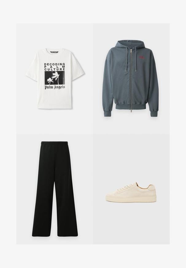 Tamsiai pilkos medvilnės mišinio džemperis su kapišonu ir užtrauktuku, su šonkačiais rankogaliais ir apačia, ant kairiojo krūtinės šono yra nedidelis raudonas tekstinis dizainas.; Balta medvilninė marškinė su juodu grafiniu spaudiniu, kuriame pavaizduoti palmės, užrašas "DEKODUOJAME PALMIŲ KULTŪRĄ" ir "Palm Angels" ryškiomis raidėmis.; Juodos plačios kelnės pagamintos iš minkštos medžiagos. Savybės: elastinga juosmens dalis, lygi tekstūra ir paprastas, modernus dizainas be raštų.; Šviesiai rudos zomšinės sportbačiai su žemu profiliu, apvaliu pirštu, plokščiomis raišteliais ir tekstūruota guma. Minimalistinis stilius be matomų logotipų.