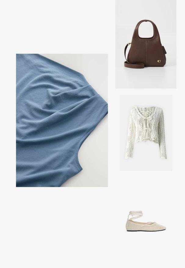 Crochet-style, cropped cardigan in cream. Features long sleeves, a deep V-neck, and adjustable tie closure at the front. Textured fabric with open weave.; Blue t-shirt shown from above, featuring a soft fabric with a smooth texture, draped folds, and a rounded neckline.; Beige woven ballet flat with a pointed toe, flat sole, and wraparound laces. Texture is open-knit, featuring a smooth inner lining.; Brown leather handbag with a rounded handle, subtle texture, and gold hardware detailing; includes a detachable shoulder strap and tag.