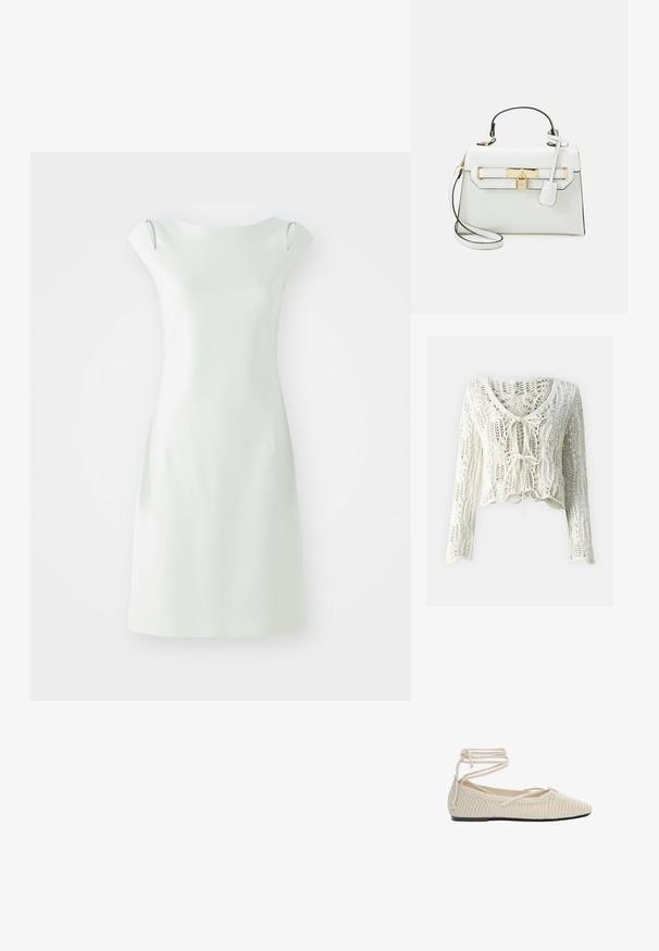 Kratka kardigan v kremni barvi v tehniki kvačkanja. Ima dolge rokave, globok V-izrez in nastavljivo zavezo spredaj. Tekstura blaga z odprtim tkajem.; Kratka bela obleka s preprosto silhueto, okroglim izrezom in kratkimi rokavi. Gladka tekstura, minimalističen dizajn z stranskimi izrezi.; Bež pleteni baletni čevelj z ostrim nosom, ravnim podplatom in okolišnjimi vezalkami. Tekstura je odprto pletena, z gladkim notranjim oblogo.; Bela torbica z krokodiljim vzorcem, zlatimi dodatki, zgornjim ročajem in snemljivo naramnico; vključuje zaklep, preprost dizajn.