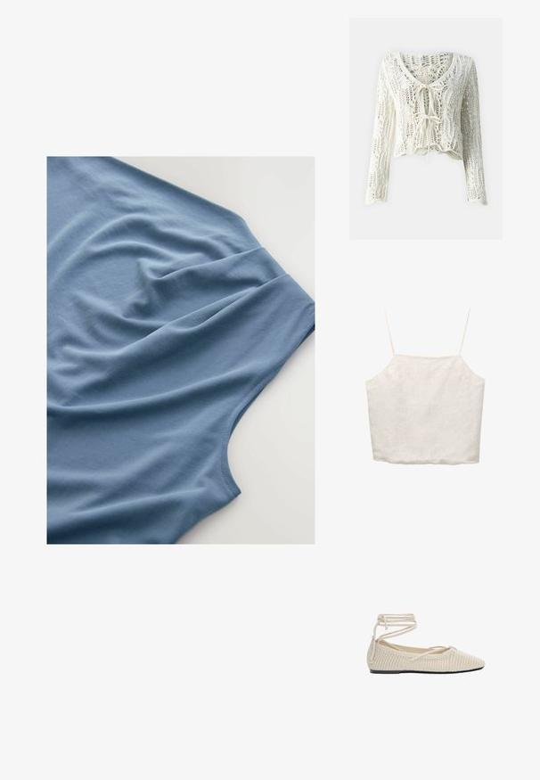 Gehaakte, cropped cardigan in crème. Heeft lange mouwen, een diepe V-hals en een verstelbare striksluiting aan de voorkant. Textuurstof met open weefsel.; Witte linnen crop top met dunne verstelbare bandjes, vierkante halslijn en een ontspannen pasvorm, met een subtiele textuur overal.; Blauwe T-shirt van bovenaf bekeken, gemaakt van zachte stof met een gladde textuur, met gedrapeerde plooien en een ronde halslijn.; Beige geweven ballettans met een spitse neus, platte zool en wikkellieten. De textuur is open gebreid en heeft een zachte binnenvoering.