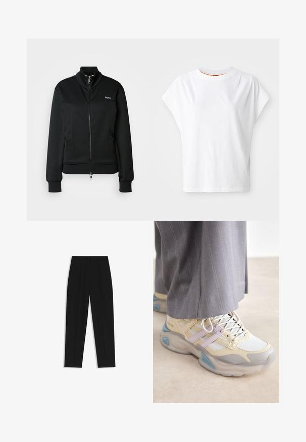 Veste noire avec col haut, fermeture éclair à l'avant et deux poches latérales. Tissu lisse avec des poignets côtelés et un discret logo sur la poitrine.; T-shirt blanc à manches courtes avec une coupe décontractée. Il présente un col rond et un détail de logo discret à l'avant. Fabriqué en tissu 100% coton.; Pantalon noir à coupe droite, avec des plis doubles, une texture lisse et un design de taille classique. Pas de matériel ou d'accents visibles.; Des chaussures de sport épaisses de couleur jaune clair et blanche, avec des accents violets et des panneaux en maille. Semelle épaisse et translucide avec des détails bleus.