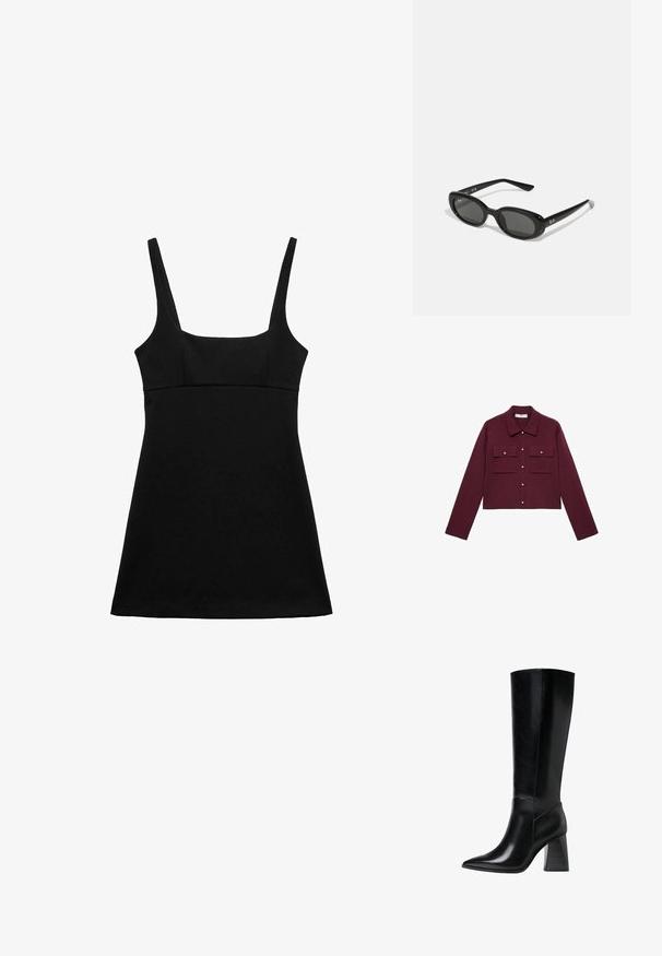 Bordová skrátená bunda s dlhými rukávmi, zapínaním na gombíky, dvoma prsiami vreckami a zlatými gombíkovými akcentmi. Hladká látka a klasický golier.; Čierne šaty bez rukávov s štvorcovým výstrihom, priliehavým telom a rozšíreným zakončením. Vyrobené z hladkej tkaniny, bez viditeľných vzorov alebo ozdôb.; Čierne kožené boty po kolená s špicatou špičkou, hladkou textúrou a hrubým, drážkovaným podpätkom pre stabilitu. Elegantný dizajn s minimálnymi akcentmi.; Čierne slnečné okuliare s oválnymi šošovkami, lesklý plastový rám a štíhle ramienka. Na boku majú biele logo Ray-Ban.; Čierna kožená kabelka s akcentmi zlatého hardvéru, s podpisovým zapínaním, odnímateľným ramenným popruhom a štruktúrovaným povrchom.