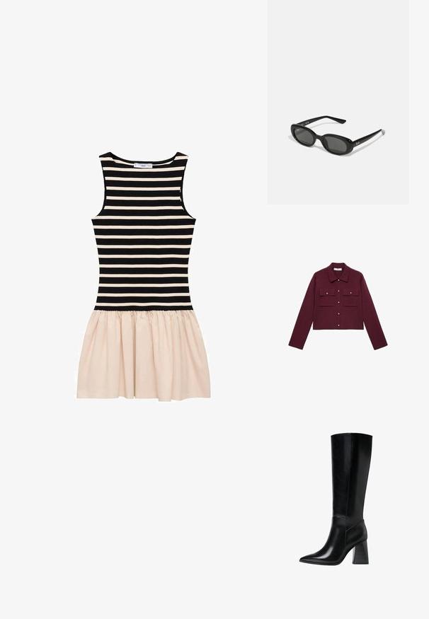 Bordo skrajšan jopič z dolgimi rokavi, sprednjim gumbom, dvema žepoma na prsih in zlatimi gumbnimi detajli. Gladko blago in klasična oblika ovratnika.; Črtasta obleka z zgornjim delom v črni in krema barvi ter nabrano krilo v kremi. Narejena iz mehkega blaga, z okroglim izrezom in brez rokavov.; Črne usnjene škornje do kolen s koničastim nosom, gladko teksturo in robustnim rebrastim peto za stabilnost. Elegantna oblika z minimalnimi poudarki.; Črne sončne očala z ovalnimi lečami, sijajnim plastičnim okvirjem in tankimi ročaji. Na strani se nahaja belo logotip Ray-Ban.; Črna usnjena torbica z zlatim okovjem, ki se ponaša s prepoznavnim zapiralom, odstranljivim ramenskim trakom in teksturirano površino.