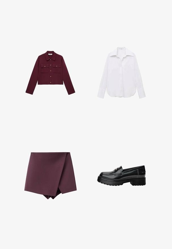 Burgundská zkrácená bunda s dlouhými rukávy, předním zapínáním na knoflíky, dvěma kapsami na hrudi a akcenty ve zlatém tónu. Hladká látka a klasický design límce.; Bílá dlouhá košile s knoflíky a klasickým límcem, volnější střih, postranní rozparky a hladká textura vyrobená z lehkého materiálu.; Tmavě fialová asymetrická mini sukně s designem překrývání a hladkým povrchem.; Černé lakované kožené mokasíny s masivní podrážkou, zdobené páskem a jemným švem. Gumová textura na podrážce.