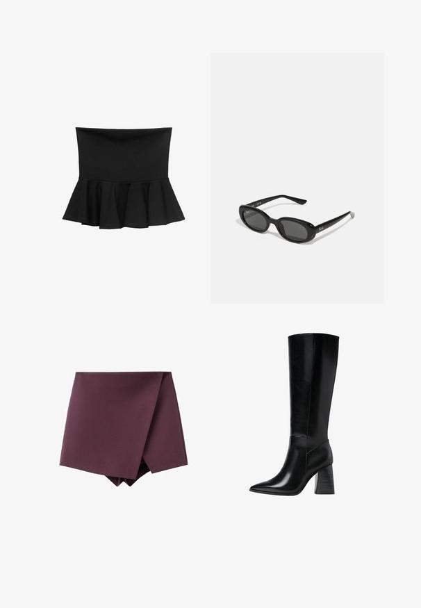 Burgunderfarbenes kurz geschnittenes Jackett mit langen Ärmeln, Knopfverschluss, zwei Brusttaschen und goldenem Knopf-Akzenten. Glattes Material und klassisches Kragen-Design.; Schwarzes Peplum-Oberteil mit einem taillierten Oberteil und ausgestelltem Saum. Hergestellt aus Stretchstoff, zeichnet sich durch eine glatte Textur und keine Verzierungen aus.; Dunkelviolette asymmetrische Minirock mit einem Wickel-Frontdesign und glatter Stofftextur.; Knöchelhohe schwarze Lederstiefel mit spitzem Schuhkopf, glatter Textur und einem stabilen, profilierten Blockabsatz. Schlankes Design mit minimalen Akzenten.; Schwarze Sonnenbrille mit ovalen Gläsern, glänzendem Kunststoffrahmen und schlanken Bügeln. Mit Ray-Ban-Logo in Weiß an der Seite.; Schwarze Lederhandtasche mit goldenen Hardware-Akzenten, ausgestattet mit einem charakteristischen Verschluss, einem abnehmbaren Schultergurt und einer strukturierten Oberfläche.