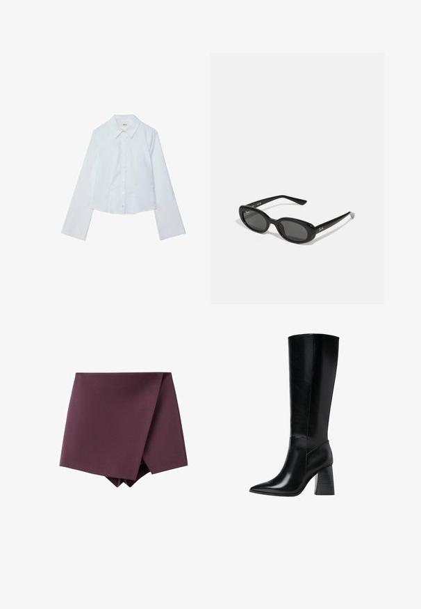 Veste courte bordeaux avec manches longues, boutonnage à l'avant, deux poches poitrine et accents de boutons dorés. Tissu lisse et design de col classique.; Chemisier blanc à manches longues, cropped, avec fermeture à boutons sur le devant et col pointu, texture lisse et éclat subtil, présentant un ourlet droit.; Jupe mini asymétrique violet foncé avec un design à devant enveloppé et une texture de tissu lisse.; Bottes en cuir noir arrivant au genou, avec un bout pointu, une texture lisse et un talon épais et cranté pour la stabilité. Design élégant avec des accents minimalistes.; Lunettes de soleil noires avec des verres ovales, monture en plastique brillant et branches fines. Présente le logo Ray-Ban en blanc sur le côté.
