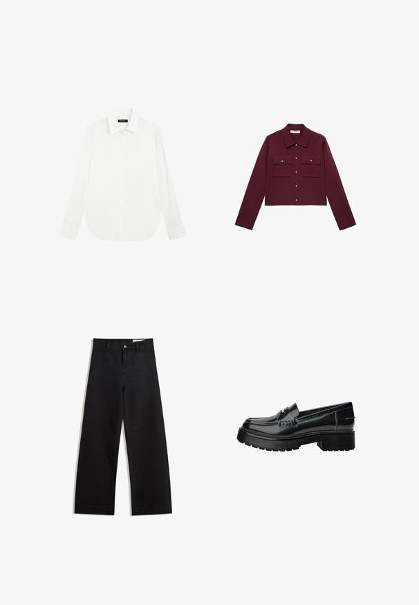 Bordeaux cropped jakke med lange ærmer, knaplukning foran, to brystlommer og guldfarvede knapdetaljer. Glat stof og klassisk kravedesign.; Hvid skjorte med knapper, klassisk krave, lange ærmer og afrundet kant. Glat stof med en diskret glans, udstyret med en central knaplukning.; Sorte wide-leg denim bukser med høj talje, der har front- og baglommer, syede sømme og en knaplukning. Glat tekstur.; Sorte patenterede lædersko med en robust sål, der har en dekorativ rem og diskrete syninger. Gummitekstur på ydersålen.